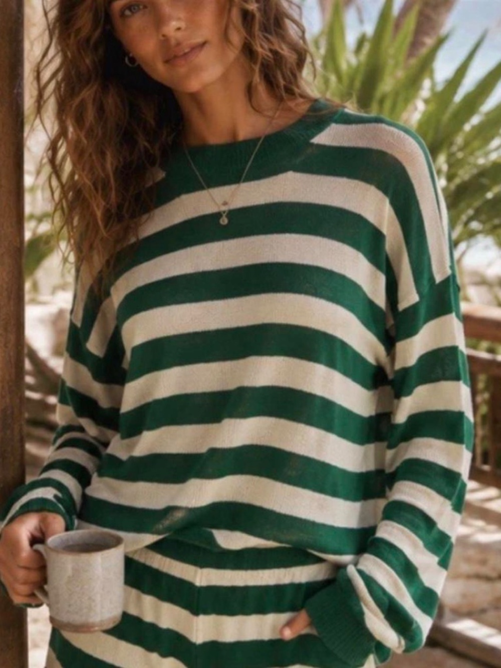 Free People FP Beach Malibu Surf Knit Set in Green and Ivory Stripes Set XS